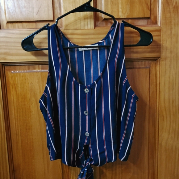 Striped Button Down Tie-Detail Tank - Picture 1 of 4